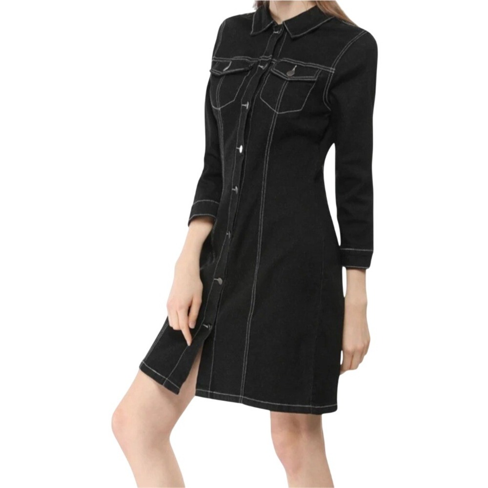 Allegra K Denim Dress XS Black‎ Button Down Mini Shirt Dress Contrast Stitch NWT